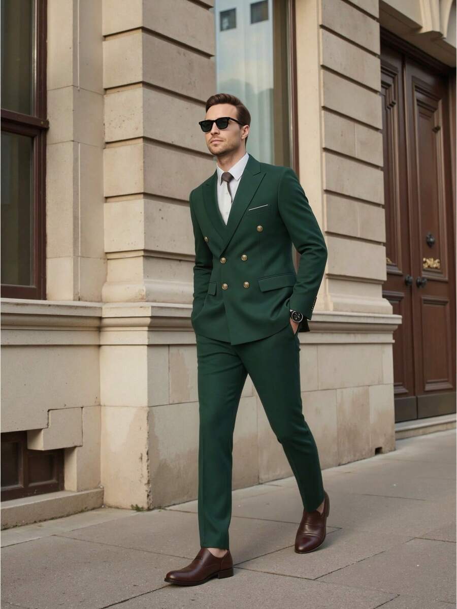 時尚新款男士商務雙排扣素色西裝外套 + 西裝長褲，男士婚禮兩件式西裝外套與長褲，高品質社交正式服裝