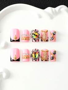 10 Buah Kit Kuku Palsu French Press Gel Multi-Layer Akrilik Buatan Tangan dengan Alat Kuku, Ujung Kuku Palsu 3D yang Dapat Dilepas dan Dilukis Tangan dengan Hiasan Mata Jahat & Rhinestone Logam Dollar, Gaya Gadis Keren Manis Y2K untuk Pakaian Pesta Liburan Sehari-hari, Dapat Digunakan Kembali - MultiWarna - View 2