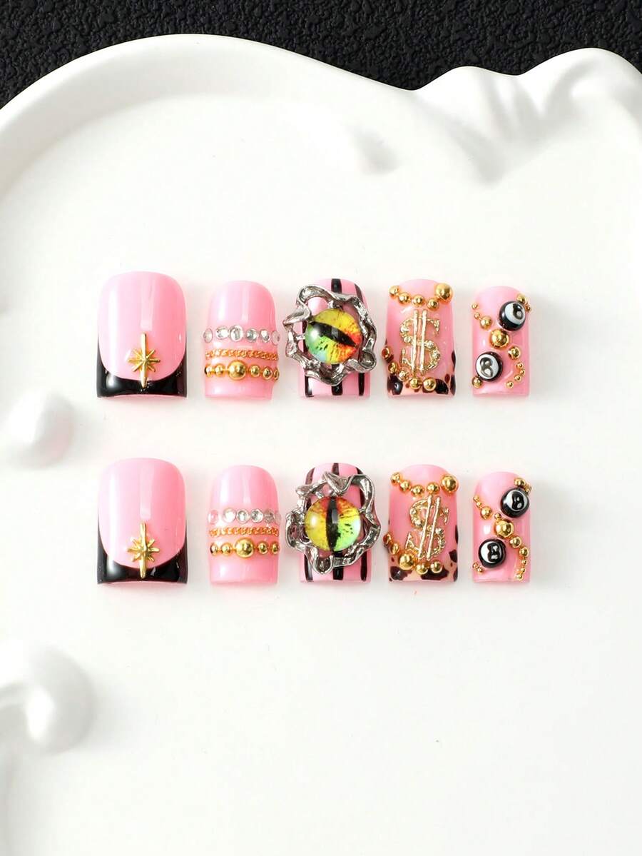 10Pcs Handmade Acrylic Multi-Layer Gel French Press On Nails Kit With Nail Tools, 3D Removable Hand Painted False Nail Tips With Evil Eye & Dollar Metal Rhinestone Charms, Y2K Sweet Cool Girl Style For Daily Party Holiday Outfit,Can Be Reused - Multicolor - View 1