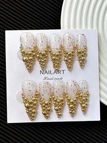 Y2K French Minimalist Luxury 33mm Long Pointed Handmade Press-On Nails, Gold Half-Round Bead Inlay, Glitter Base, Handmade, Exquisite, Creative, Versatile, Personalized, Elegant, Gift, Suitable For Wedding, Party, Outdoor, Beach, Daily, Holiday, Gathering, Work And Special Occasions - 10pcs/Bag - 彩色 - 查看 7