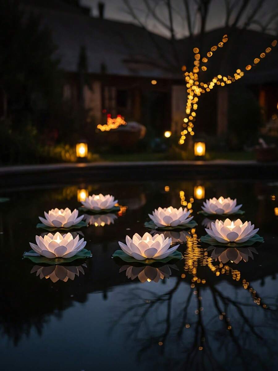 6 piezas de luces LED flotantes a prueba de agua con diseño de loto y lirio de agua, adecuadas para decoración de piscina, luz nocturna, deseos, río o decoración de piscina - Multicolor - Ver 1
