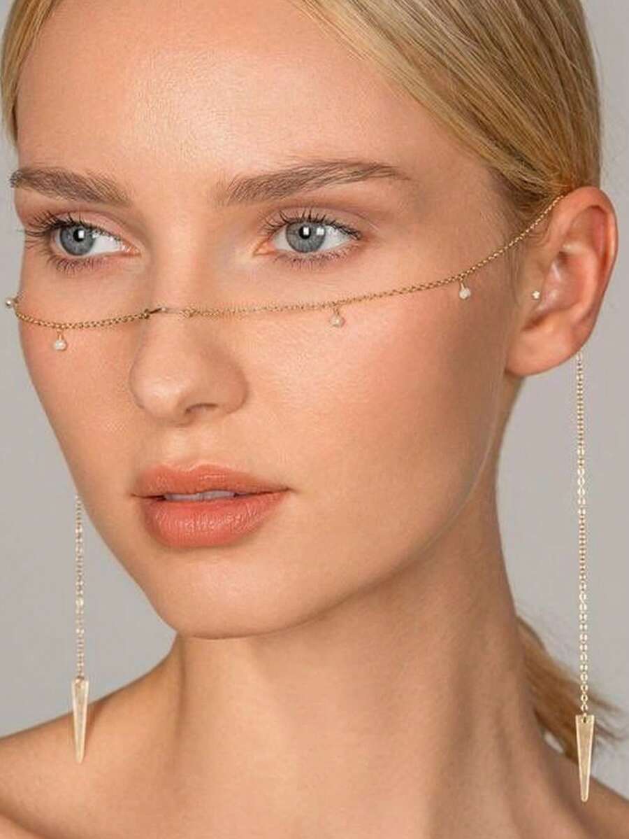 1件金色時尚個性化無框耳鉤面鏈女款,波希米亞風高級3D錐形吊墜珍珠面部飾品 - 金色 - 查看 1