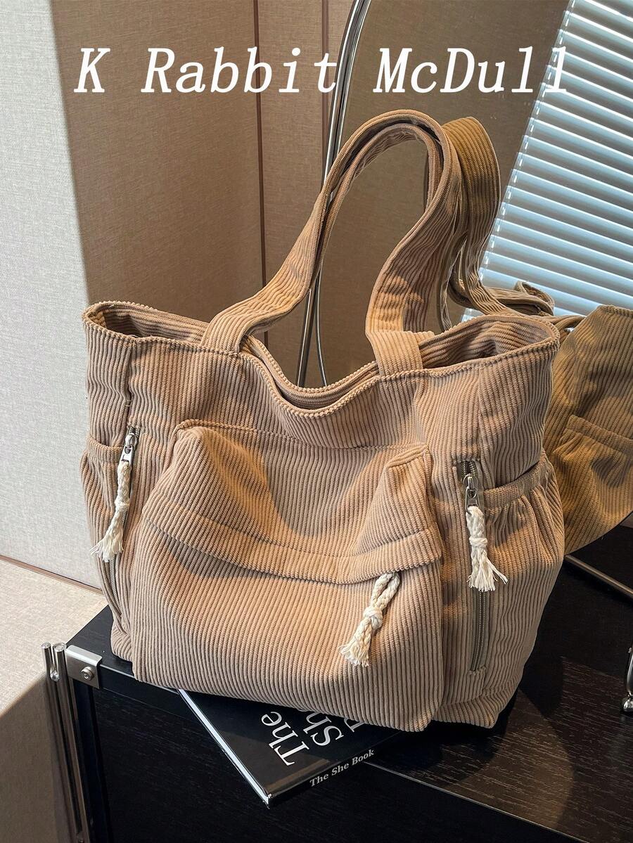 1pc Letter Decor Solid Color Large Capacity Corduroy Shoulder Tote Bag, Multi-Pocket Shopping Bag, Mother's Day Gift, Foldable, Suitable For School