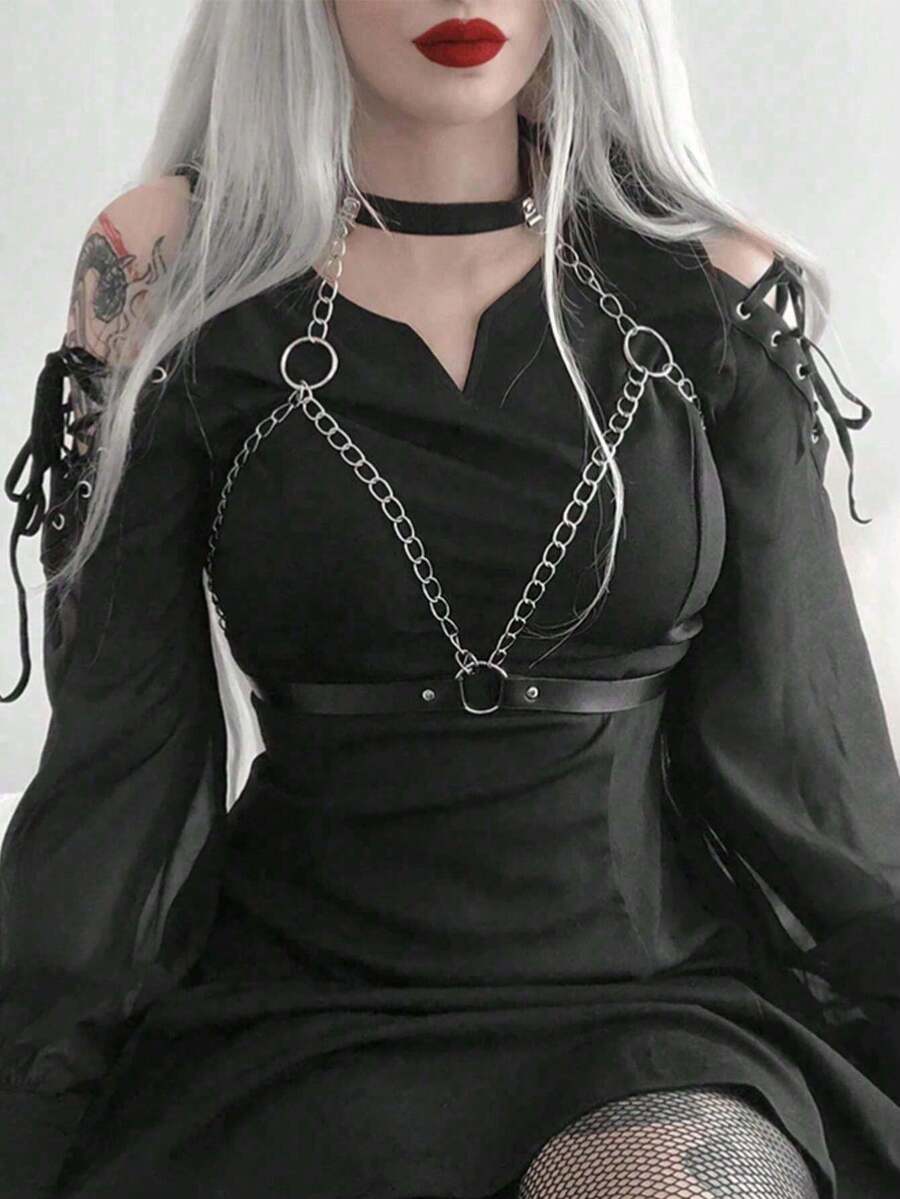 1件女款文藝復興萬聖節配件 倒三角形黑色哥德風皮革胸帶，適合嘉年華派對服裝搭配 - 黑色 - 查看 1