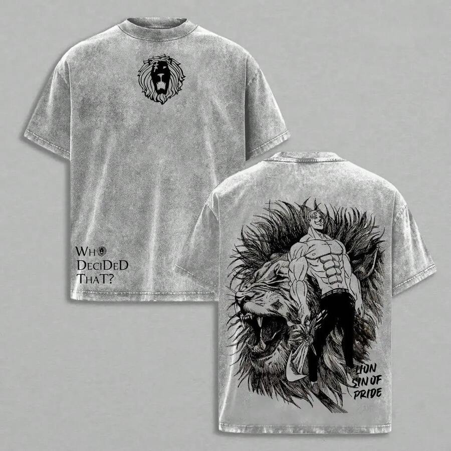 Vintage Washed T-Shirt, Thick Cotton With Double Graphic Illustrative Print, Unisex Cut, Variety Of Sizes, Casual Garment, Urban Fashion, Manga Style - 灰色 - 查看 1