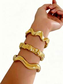 CCB Gold-Plated Asymmetrical Wavy Open Bangle Set, Vintage Women's Bracelet - Gold - View 1