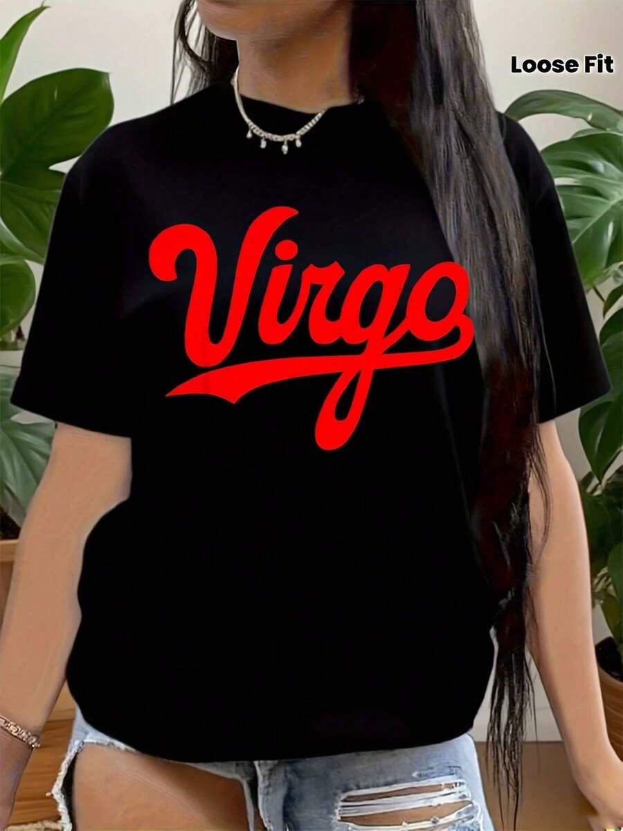 Pure Cotton Summer Blouse, Round Neck, Short Sleeve, Virgo Print With "It's A Virgo Thing" Phrase, Casual Top For Women, Zodiac Gift, Machine Washable Women's Shirts - 黑色 - 查看 1