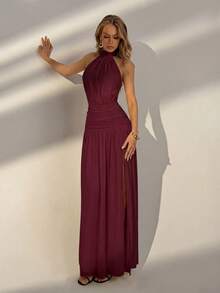 Elegant Yellow Halter Ruched Waist Backless Mesh Maxi Dress, Perfect For Beach Vacation, Going Out Wear, Summer Party, Graduation Wedding - Burgundy - View 6