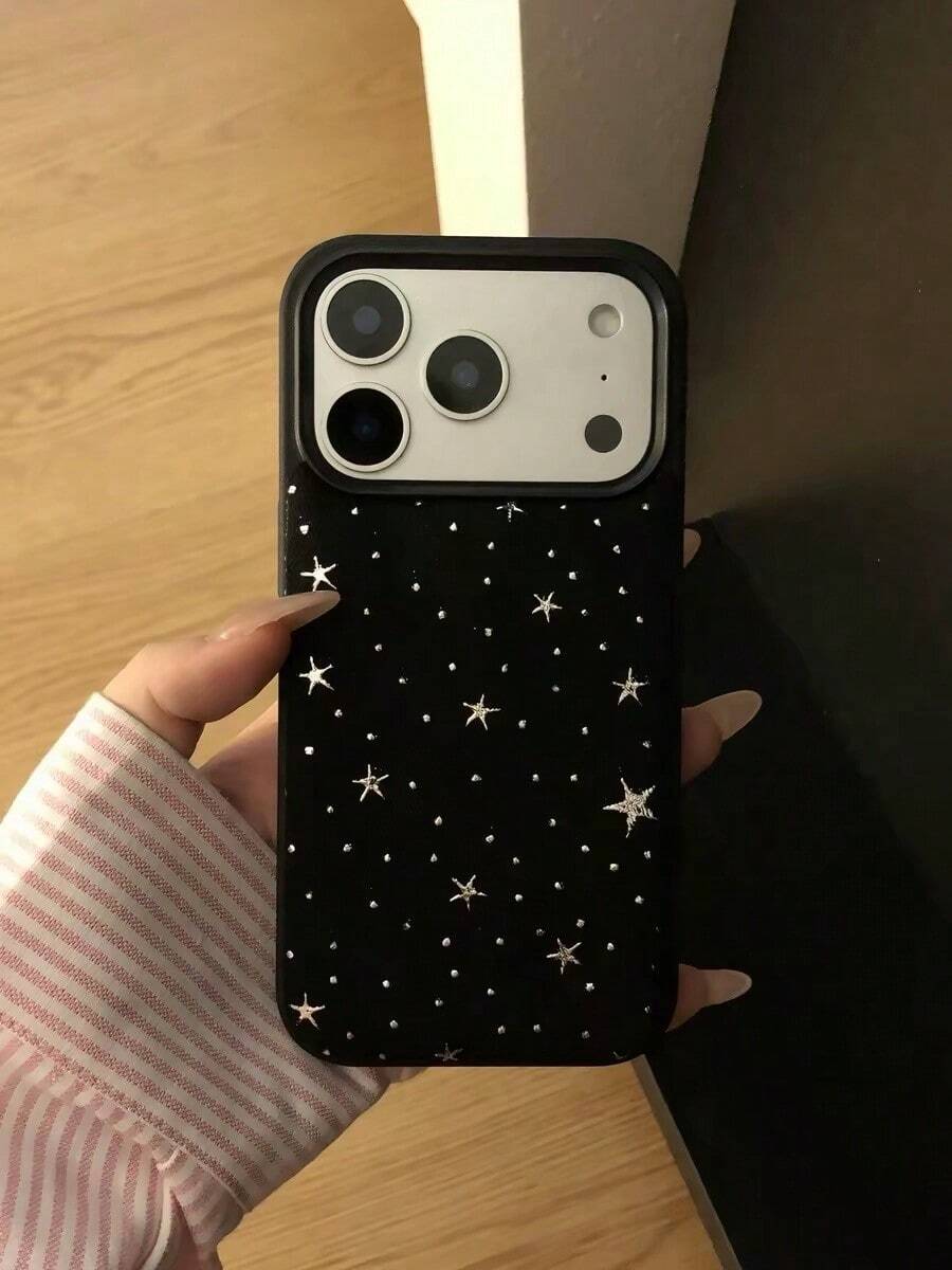 Autumn/Winter Black & Grey Denim Starry Pattern Phone Case Compatible With IPhone 17 Pro Max, 14, 17 Pro, 15 Pro, 16 Pro Max, 16, Soft Shockproof Protective Cover For Girls - Black - View 1