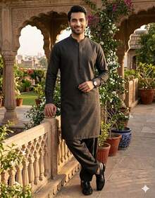 Estationeryhouse Men's Kurta Pyjama In Raw Silk Jacquard Work (Comes With White Pajama) - Black - View 2