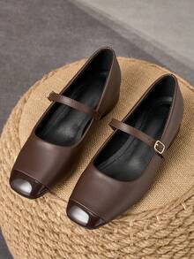 MonaNise Square Toe Low Block Heel Work Pumps - Brown - View 3