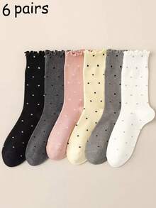 1/6 Pares de Meias Femininas Coloridas com Bolinhas, Borda com Babado, Elásticas e Caneladas, Estilo Doce e Fofo, Adequadas para Campus e Uso Diário, Confortáveis e Casuais, Fáceis de Combinar, Tecido Confortável, Estilo, Essenciais para Saídas Diárias, Adequadas para Uso Externo e Interno, Fofas, Sortimento Aleatório - Multicolorido - Visão 8