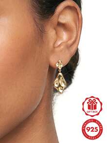 1 Pair Original 925 Sterling Silver Women's Elegant Gold-Plated Asymmetrical Pendant Earrings, Handmade Geometric Textured Dangle Earrings, Suitable For Sensitive Ears, Fashionable And Minimalist, Perfect For Weddings, Formal Occasions, Office, Daily Wear, Ideal Gift For Mother's Day And Valentine's Day - Gold - View 7