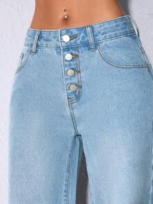 Low Waist Wide Leg Casual Blue Slant Pocket Curved Women Jeans - Baby Blue - View 2