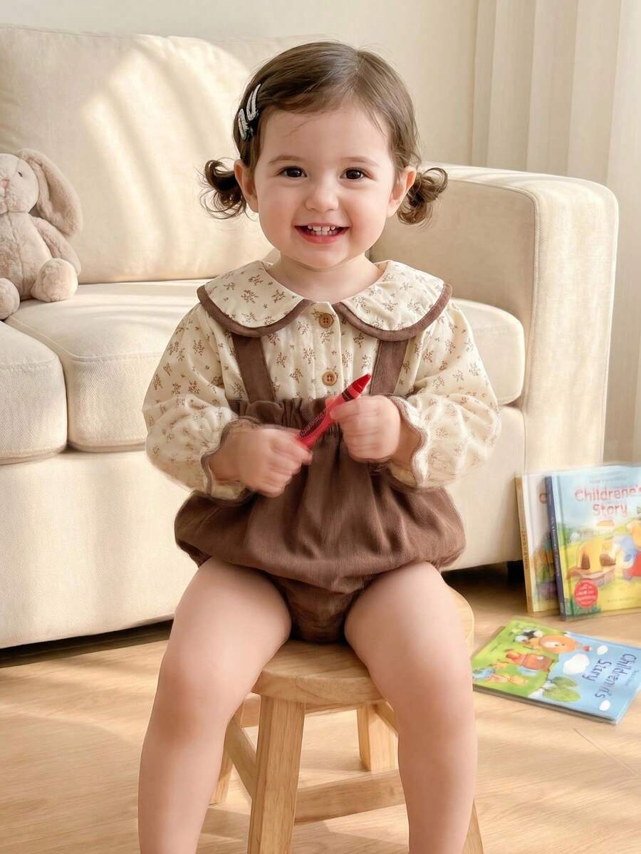 2pcs Baby Girls 2024 Autumn Floral Pattern Peter Pan Collar Top And Bib Pants Set - Brown - View 1