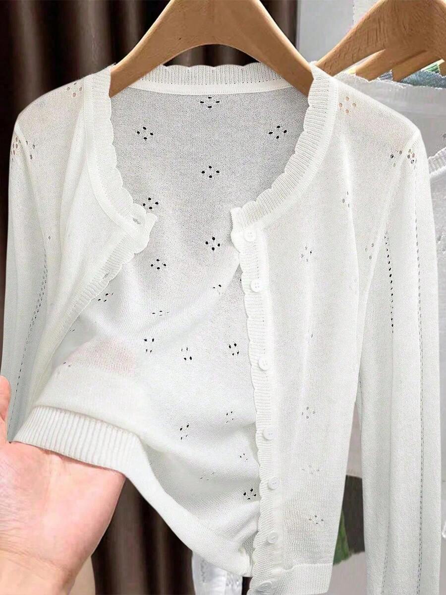 Women's Summer Casual Cropped Openwork Knit Cardigan, V-Neck, Regular Fit, Button Front, Long Sleeve, White, Sweet Elegant Lightweight Layer - White - View 1