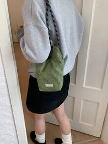 小眾設計單肩包休閒百搭極簡時尚斜背包新款女包舒適布料質感素色亮片設計按扣開合光滑長肩帶大容量水桶包 - 綠色 - 查看 5