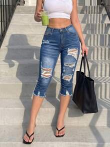 Jkorea High Waisted Capri Jeans - Light Wash Slim Fit Cropped Skinny Denim - 深色洗藍1 - 查看 3