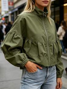 Women's Short Jacket, Full Zip Woven Fabric Long Sleeve Flight Jacket, Suitable For Autumn Wear - Green - View 1