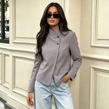 Women Commute High Street Blazers Fashion Women Stand Collar Blazer Elegant Vintage Lady Blazers - Grey - View 2