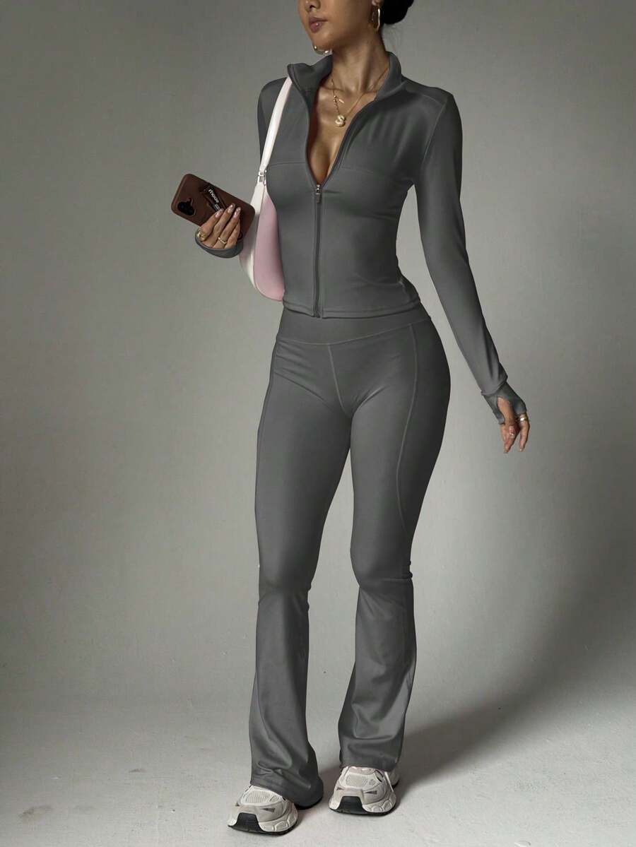 Women's Seamless One-Color Elasticated Jacket And Leggings Tracksuit Set With Butt-Lifting Effect And Snug Fit - 深灰色 - 查看 1