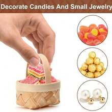 2/5/10pcs Mini Woven Style Faux Wood Baskets With Sturdy Lattice Lid And Handle, Small Round Gift Boxes, Woven Handheld Baskets, DIY Gift Decoration Baskets, Candy Boxes For Weddings, Picnics, Country Parties, Easter And Dollhouses - One Size - View 3