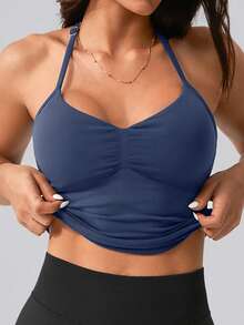 NcmRyu Top deportivo de mujer de una pieza, color liso, cuello halter, tirantes de espagueti ajustables, escote en V, fruncido y espalda descubierta - Azul Marino - Ver 8