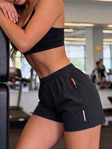 1pc Women's Summer Zipper Pocket Sports Shorts, Suitable For Running, Fitness, Workout And Other Occasions - Black - View 9