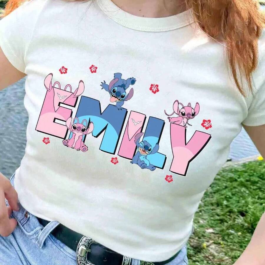 Disney Custom Name Emily Lilo & Stitch Angel Hibiscus Print Crop Tee, Personalized Sweet Girl Crew Neck Tops - 白色 - 查看 1