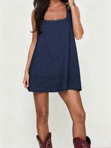 1 pieza Vestido mini elegante de unicolor con encaje de tela tejida y volante en el bajo, vestido de playa para mujer para primavera/verano - Azul Marino - Ver 2