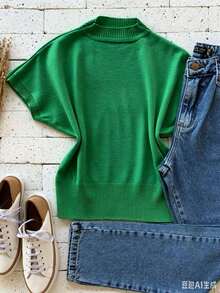 Modal Knit Turtleneck Sweater With Short Sleeves, Batwing Style, For Winter! - Green - View 1