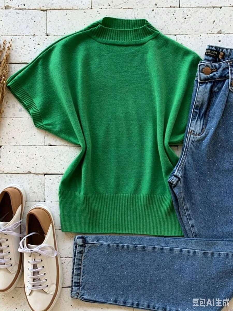 Modal Knit Turtleneck Sweater With Short Sleeves, Batwing Style, For Winter! - Green - View 1