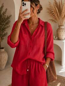 Women's Solid-Color Fall Casual Resort Set: Two Pieces Set Featuring A Collared, Front-Buttoned Blouse And High-Waisted Straight-Leg Pants With Drawstr - Red - View 3