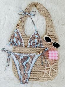 Summer Women's Retro Printed Beaded Bikini Two Pieces Set, Beach Vacation Party Sexy, Fashionable, Elegant And Casual Swimsuit Set - Multicolor - View 3