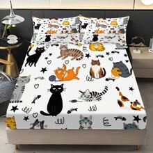 3-Piece Cute Cartoon Kitten Print Bedding Set (1 Fitted Sheet + 2 Pillowcases, No Inserts). Soft Skin-Friendly Polyester Material, Hand Washable Or Machine Washable. Simple And Cute Design, Suitable For Bedroom, Guest Room, Dormitory And Travel Use. - Multicolor 2 - View 6