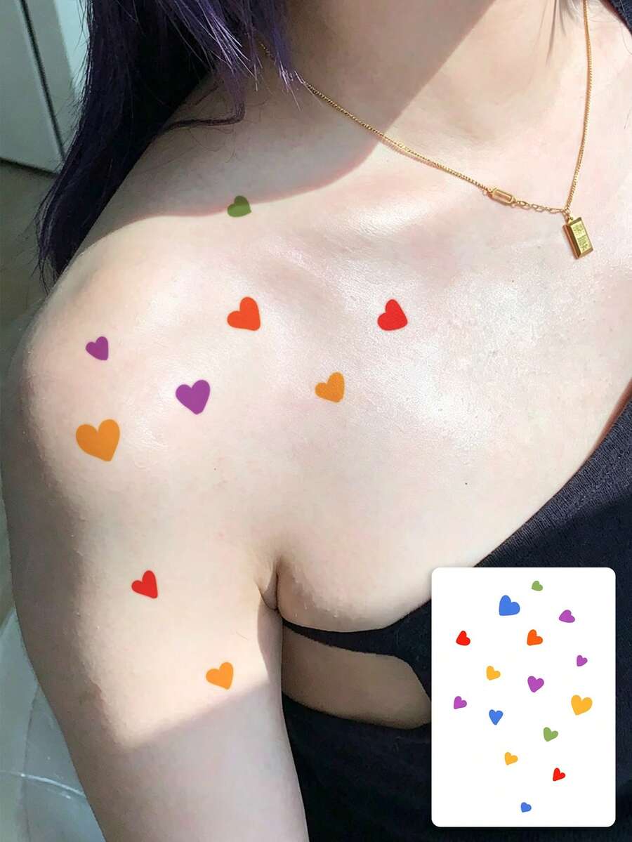 1 Pc Rainbow Mixed Color Scattered Tiny Heart Temporary Tattoo, Waterproof Mini Love Shape Fake Tattoo, Pride Body Art For Collarbone & Shoulder - Multicolor - View 1