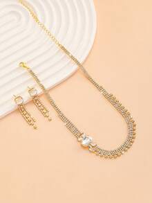 Juego de 3 piezas de joyería elegante francesa para mujer, collar con lazo + pendientes, elegante adecuado para boda, banquete, baile, ceremonia de graduación, regalo del Día de San Valentín - Dorado - Ver 2
