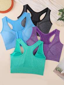 4pcs Women's Sports Bra Front Closure Wire-Free Lingerie Running Shock-Absorbing Push-Up Back-Smoothing Bra - Multicolor - View 3