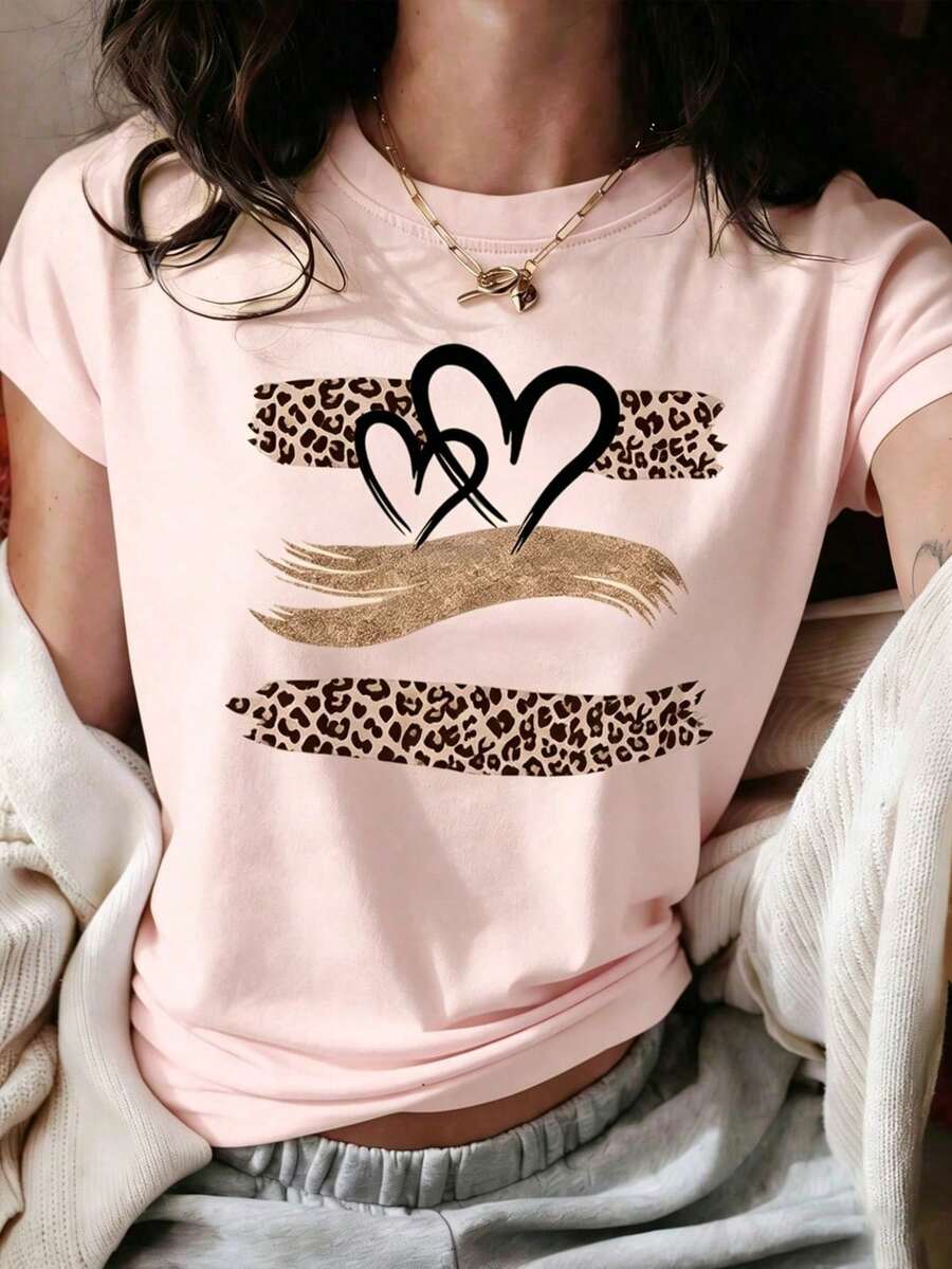 Men's Fashion Explosion Short Sleeves. Casual Summer T-Shirt For Women With Vintage Leopard Print And Heart Design, Round Neck, Short Sleeves, For Everyday Wear. - 紅色 - 查看 1