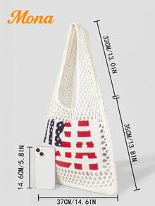 Women USA Flag Knit Mesh Tote Bag, Hollow Out Crochet Beach Bag Large Capacity Shoulder Handbag For Summer Vacation Travel Grocery Shopping - Beige - View 7