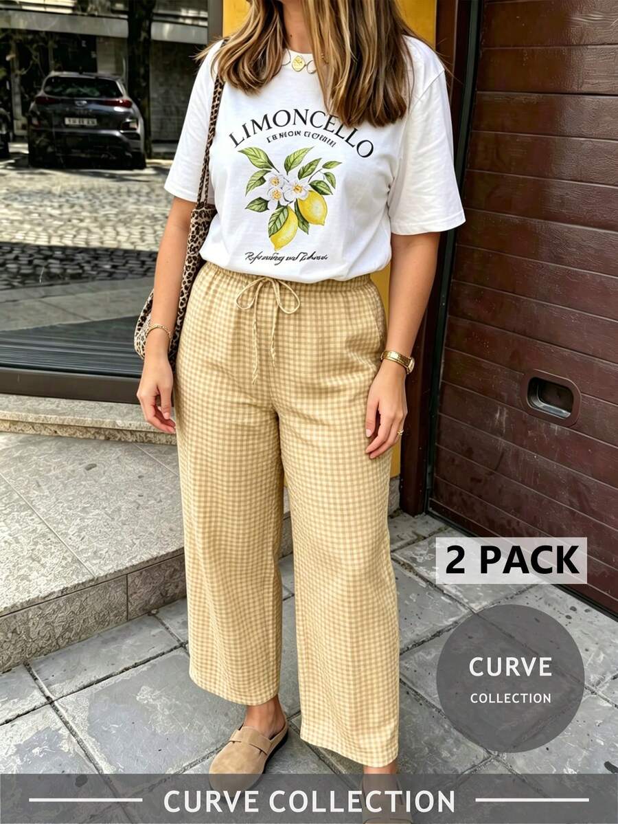 Plus Size Lemon Print T-Shirt And Plaid Wide Leg Pants Set - Casual Coordinated Outfit, Comfortable And Versatile For Autumn Summer Elegant - Yellow - View 1