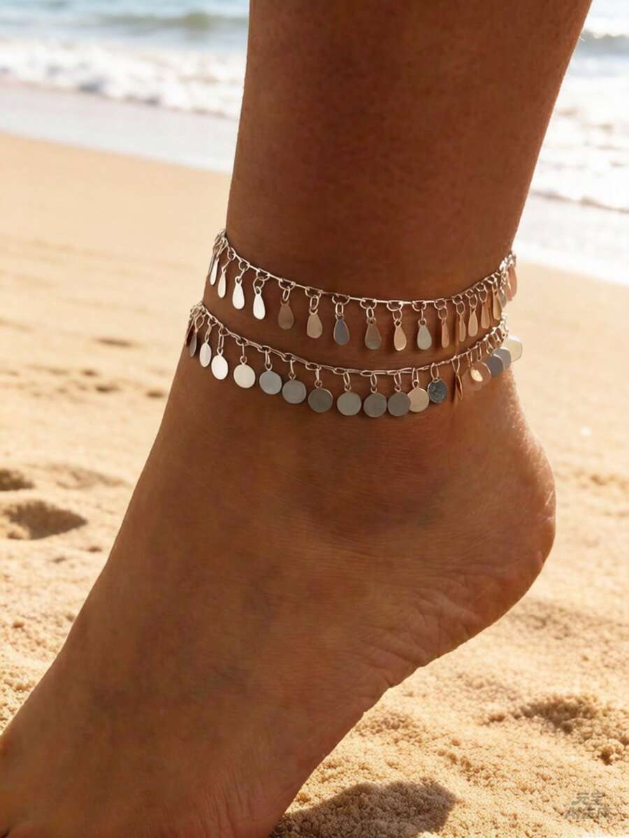 imoli 1 Set/Silver Minimalist Alloy Round Disc Water Drop Tassel Handmade Chain Double Layer Anklet Women's Dating Gift (Handmade Chain Cut To Size, Number Of Round Disc Tassels Varies)