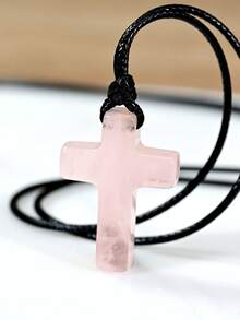 Collar con colgante de cruz de cuarzo rosa natural, cordón de cuero bohemio, piedra natural, joyería para oración y meditación - Rosa - Ver 10