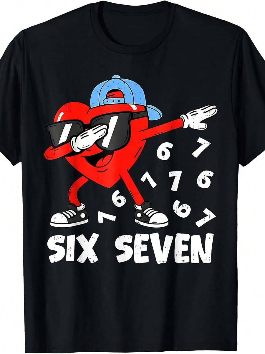 Camiseta Divertida para Niños con el Meme 67 Heart Dabbing para San Valentín | Camisetas casuales para niños y niñas para una actitud despreocupada en primavera y verano, talla 120-160, cu - Negro - Ver 1