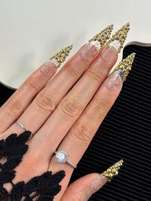 Y2K French Minimalist Luxury 33mm Long Pointed Handmade Press-On Nails, Gold Half-Round Bead Inlay, Glitter Base, Handmade, Exquisite, Creative, Versatile, Personalized, Elegant, Gift, Suitable For Wedding, Party, Outdoor, Beach, Daily, Holiday, Gathering, Work And Special Occasions - 10pcs/Bag - 彩色 - 查看 3