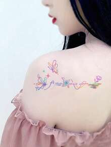 1 Pc Rainbow Outline Butterfly Cursive Quote Temporary Tattoo, Waterproof Curved Collarbone Fake Tattoo, Star Floral Accent Body Art For Shoulder & Clavicle - Multicolor - View 4