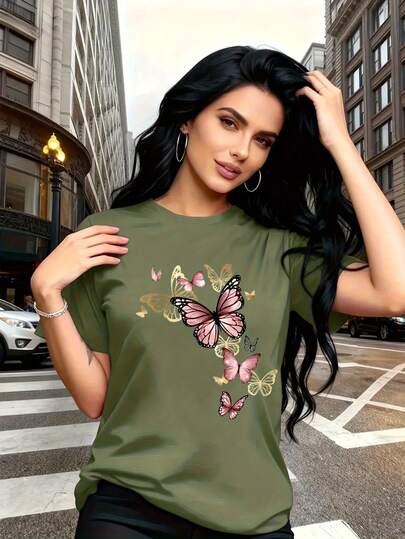 2026 New Summer Women's Watercolor Butterfly Print T-Shirt, Breathable Casual, Family Travel Campus Daily, Sisters Matching Outfit, Versatile, S-7XL