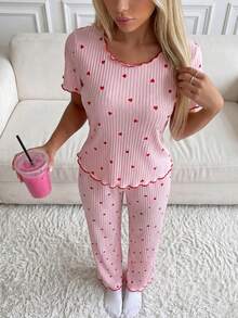 New Ribbed Heart Print Large Scoop Neck Short Sleeve Long Pants & Shorts 3 PiecesPajama Set For Women - Pink - View 10
