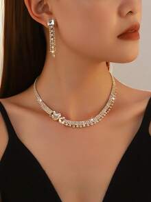 Juego de 3 piezas de joyería elegante francesa para mujer, collar con lazo + pendientes, elegante adecuado para boda, banquete, baile, ceremonia de graduación, regalo del Día de San Valentín - Dorado - Ver 1