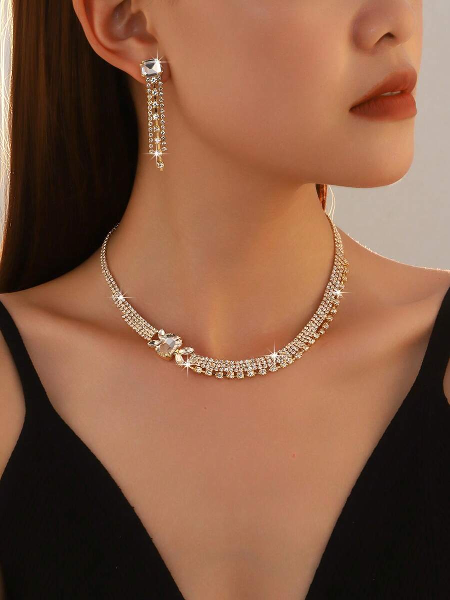 Juego de 3 piezas de joyería elegante francesa para mujer, collar con lazo + pendientes, elegante adecuado para boda, banquete, baile, ceremonia de graduación, regalo del Día de San Valentín - Dorado - Ver 1